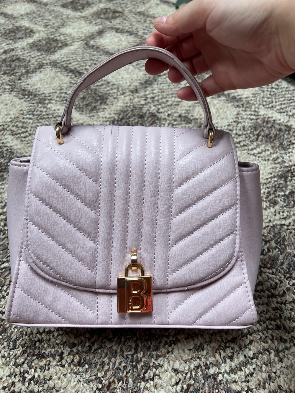 bebe Quilted Top-Handle Satchel in Pale Pink with Gold Hardware